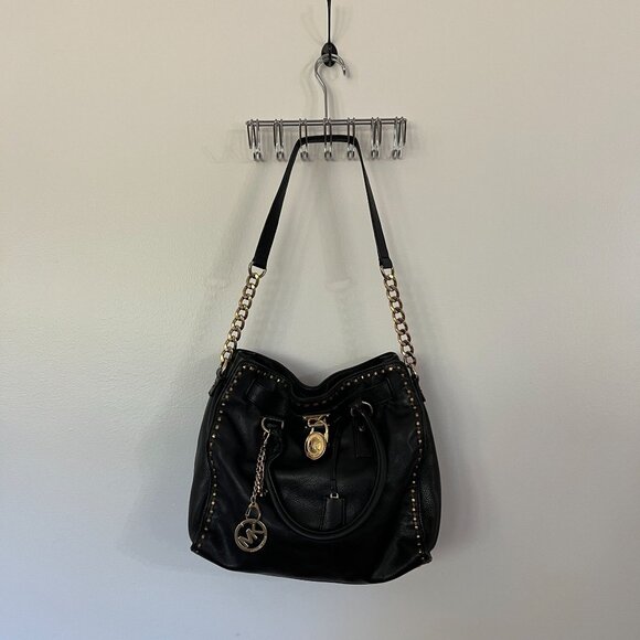 Michael Kors Black Leather Studded Shoulder Bag With Chain Detailing & Gold-Tone - Picture 1 of 7